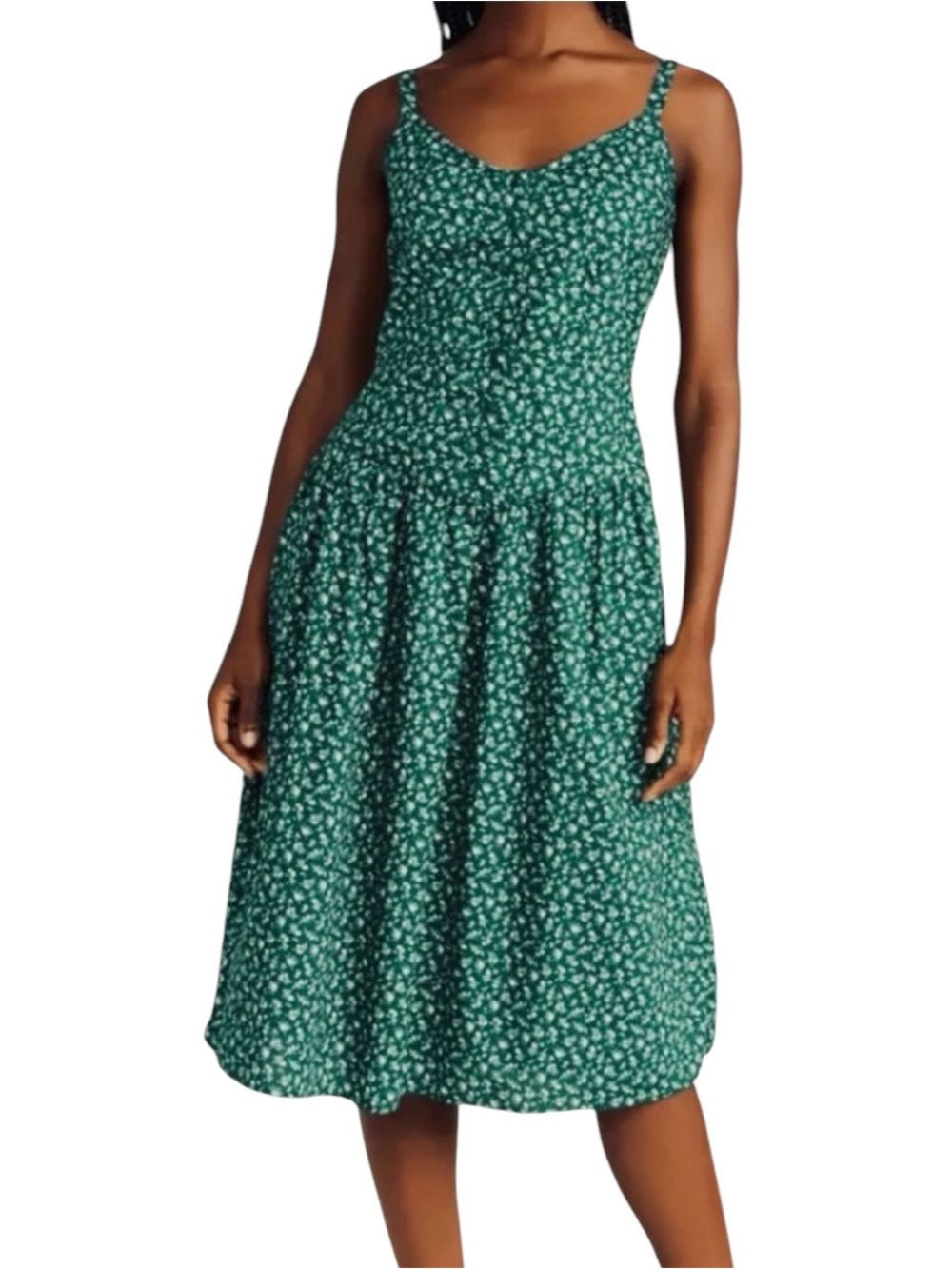 Nation LTD Drop Waist Sun Dress Pockets Pima Cotton Emerald Green White Size M